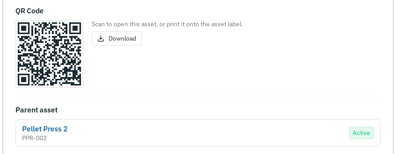 The record of ring die RD-07: its QR code for the asset label, and its parent asset, Pellet Press 2.