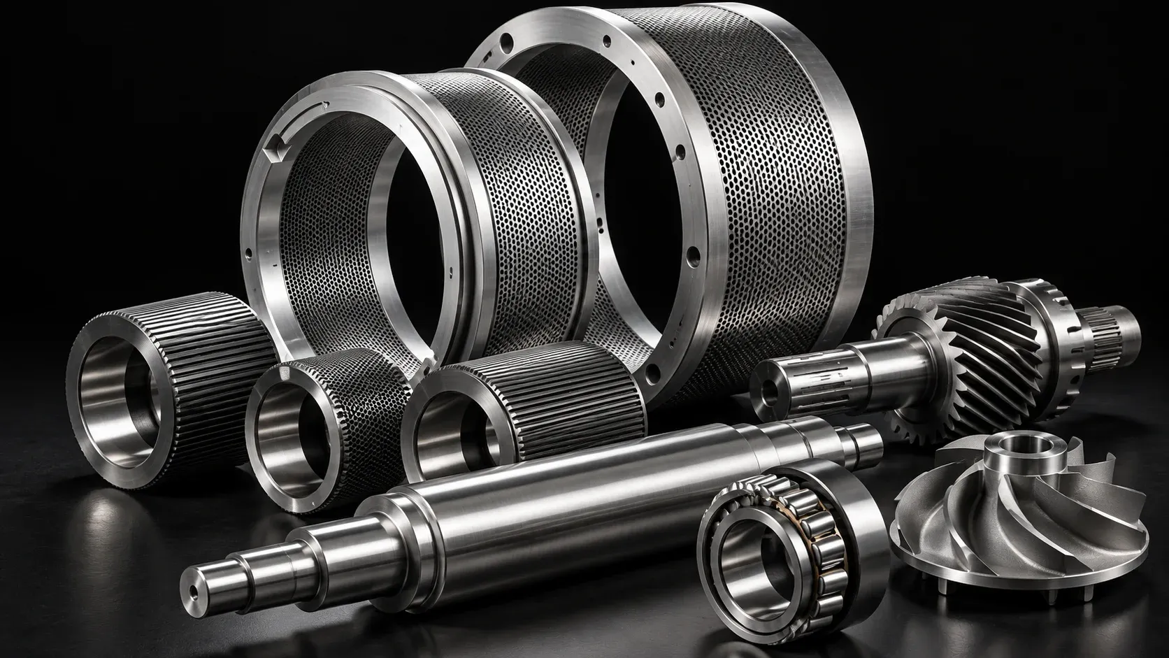 Two pellet mill ring dies and three roller shells, with a shaft, a gear shaft, a roller bearing and a pump impeller in front of them.