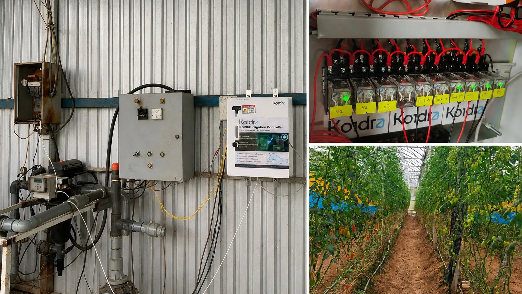 DripPilot installed in a greenhouse. The Koidra irrigation controller on the wall beside the pump and valve pipework, the labelled valve relays it drives, and the tomato rows it waters.