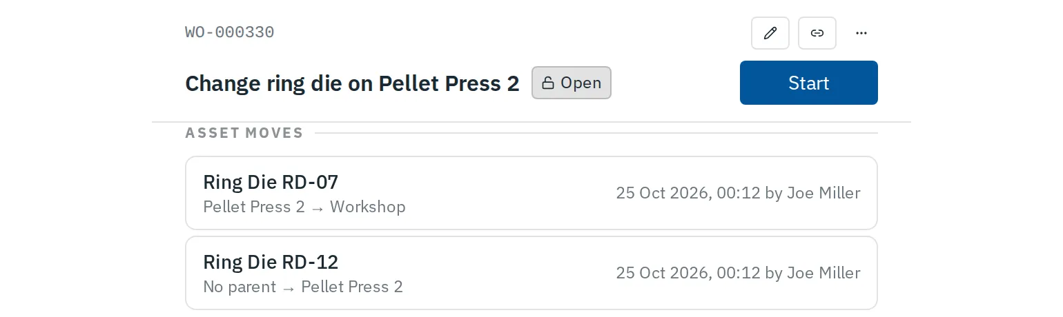 The work order's asset moves: RD-07 from Pellet Press 2 to the Workshop, and RD-12 from no parent to Pellet Press 2, each with the time and the technician.