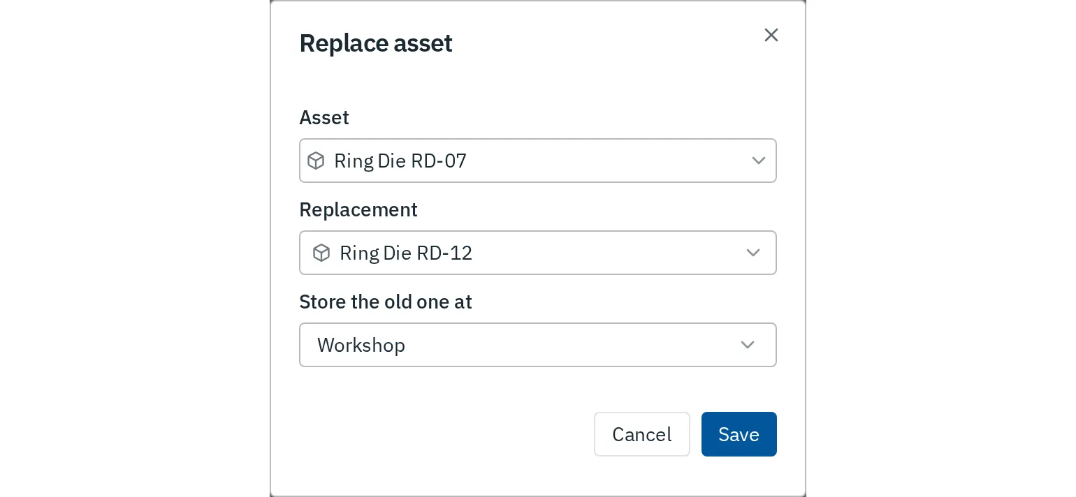 The Replace asset dialog: ring die RD-07 comes off, ring die RD-12 goes on, and the old one is stored at the Workshop.