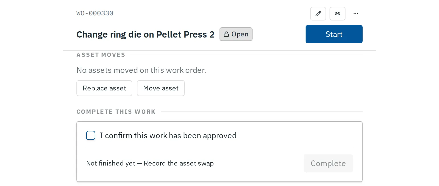 The work order "Change ring die on Pellet Press 2" with no asset moves yet, and Complete greyed out beside "Record the asset swap".