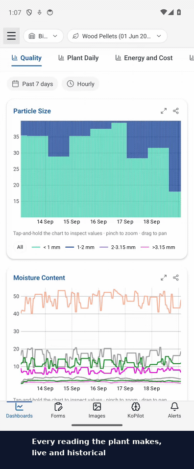The phone app: a technician signs in and lands on the plant's dashboards, then opens the forms and the alerts with their history and rules, all from the tab bar.